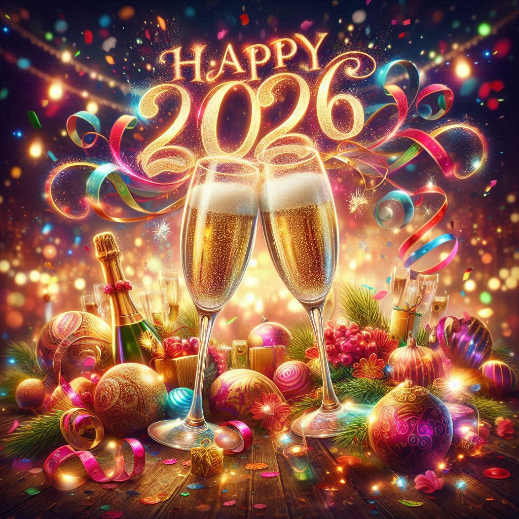 Crea una immagine che rappresenta 2 calici in un brindisi con la scritta FELICE